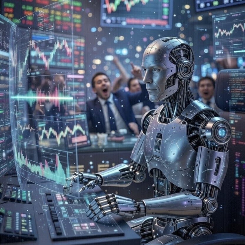 AI 機械人喺交易終端前面分析市場數據