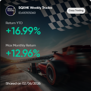 Vantage 分享卡：SQXHK Weekly Trades，Return YTD +16.99%，最高單月 +12.96%